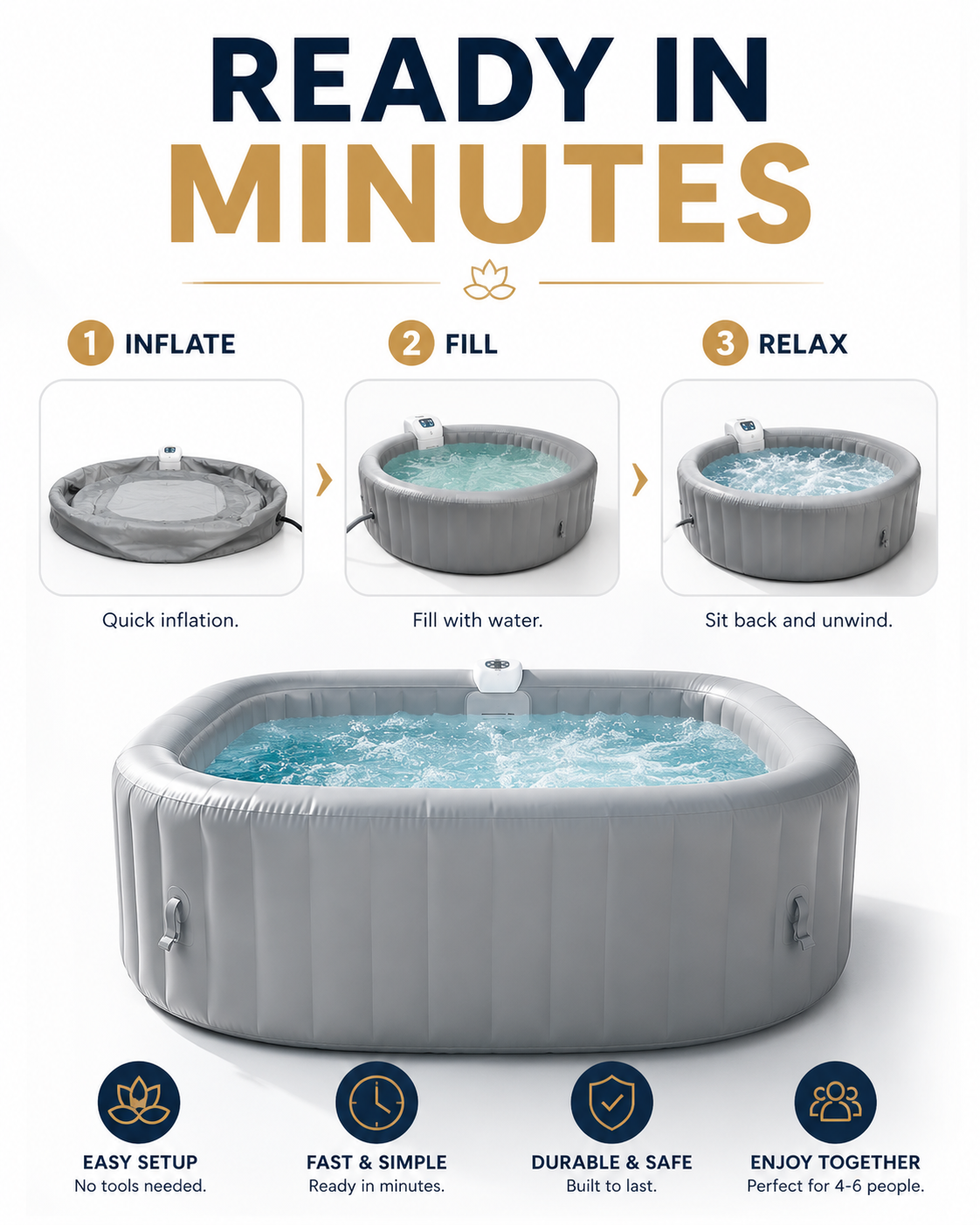 Inflatable Hot Tub Spa – 4–6 People, 130 Bubble Jets
